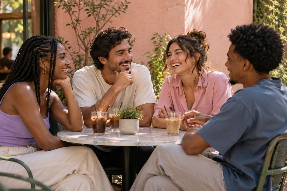 Quatro amigos conversando em uma mesa ao ar livre